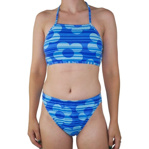 Vintage 90s Sand N Sun Blue Retro Flower Bikini Swimsuit - Picture 1 of 8